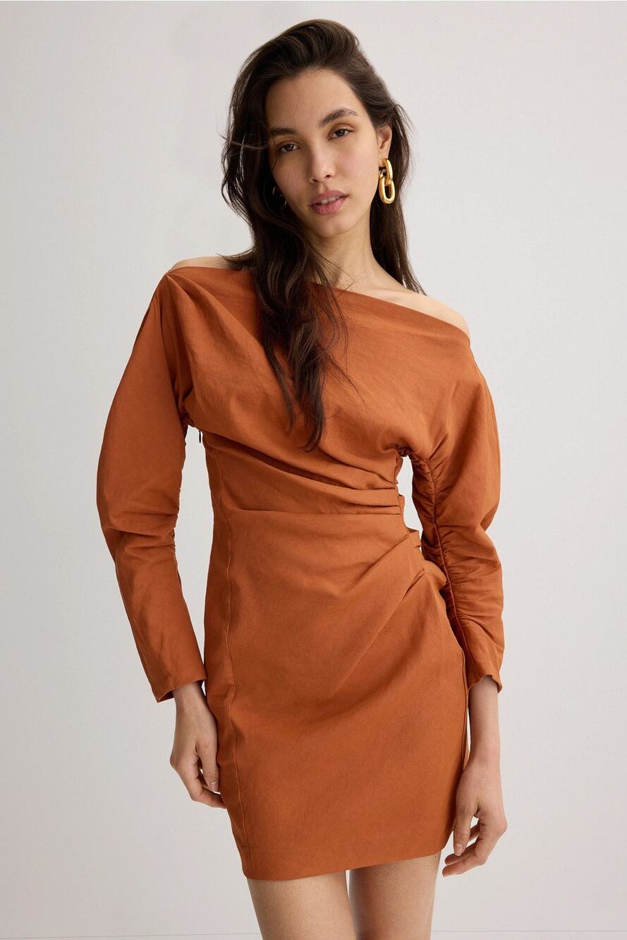 A.L.C. Sona Rust Linen Blend Ruched Mini Dress Size 8 Long Sleeve MSRP $595